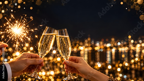 Couple hands clinking champagne glasses with sparkler and golden bokeh city lights at night, new year celebration and festive toast