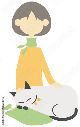 女の子の膝の上で寝ている猫