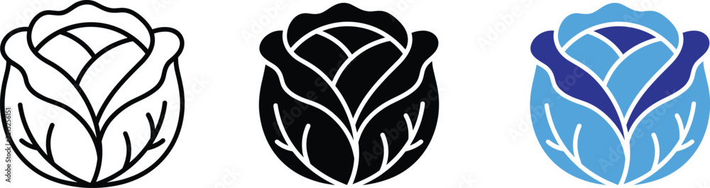 Fototapeta premium Cabbage vegetable icon set vector line art outline and solid fill color illustrations