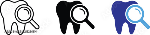 Tooth dental care magnifying glass icon set vector illustration for dentistry and oral health examination