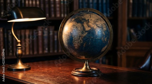 Antique terrestrial globe sits on a dark wooden desk beside a vintage banker lamp in a dimly lit library filled with rows of classic leather books.