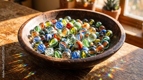 A collection of colorful glass marbles rests inside a rustic wooden bowl illuminated by natural sunlight casting prismatic refractions on the table.