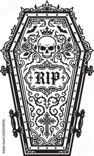 Ornate coffin with skull and RIP inscription gothic vector illustration for Halloween or dark theme design isolated on white