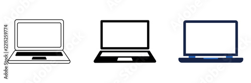 Set of three laptop computer icons with different design styles including outline, solid black, and flat blue color