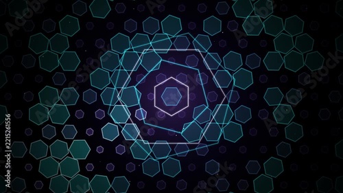 Concentric neon hexagons rotating slowly against a dark geometric grid pattern background loop video