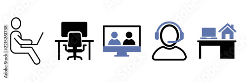Set of icons representing remote work, home office, video conferencing, and online communication, flat vector illustration