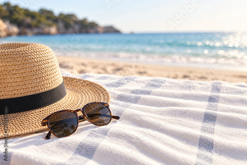 Straw sunhat and sunglasses on a beach towel