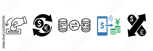 Set of financial icons representing currency exchange, mobile payment, money transfer, and deposit