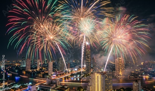 Fireworks over city skyline at night