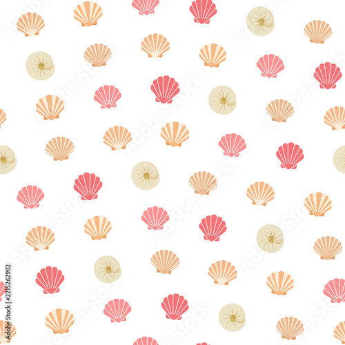 Seamless pattern of seashells and nautilus shells