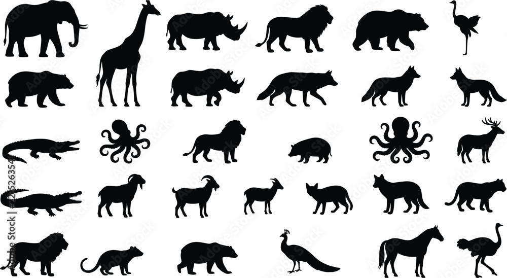 Obraz premium Wild animals silhouette collection vector set, lion elephant giraffe predator fauna
