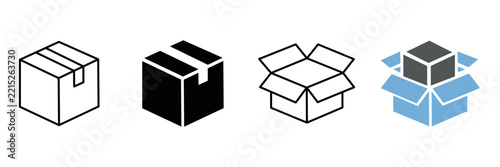 Set of four different cardboard box icons, including closed and open shipping boxes, vector illustration style for logistics, delivery, and ecommerce concepts