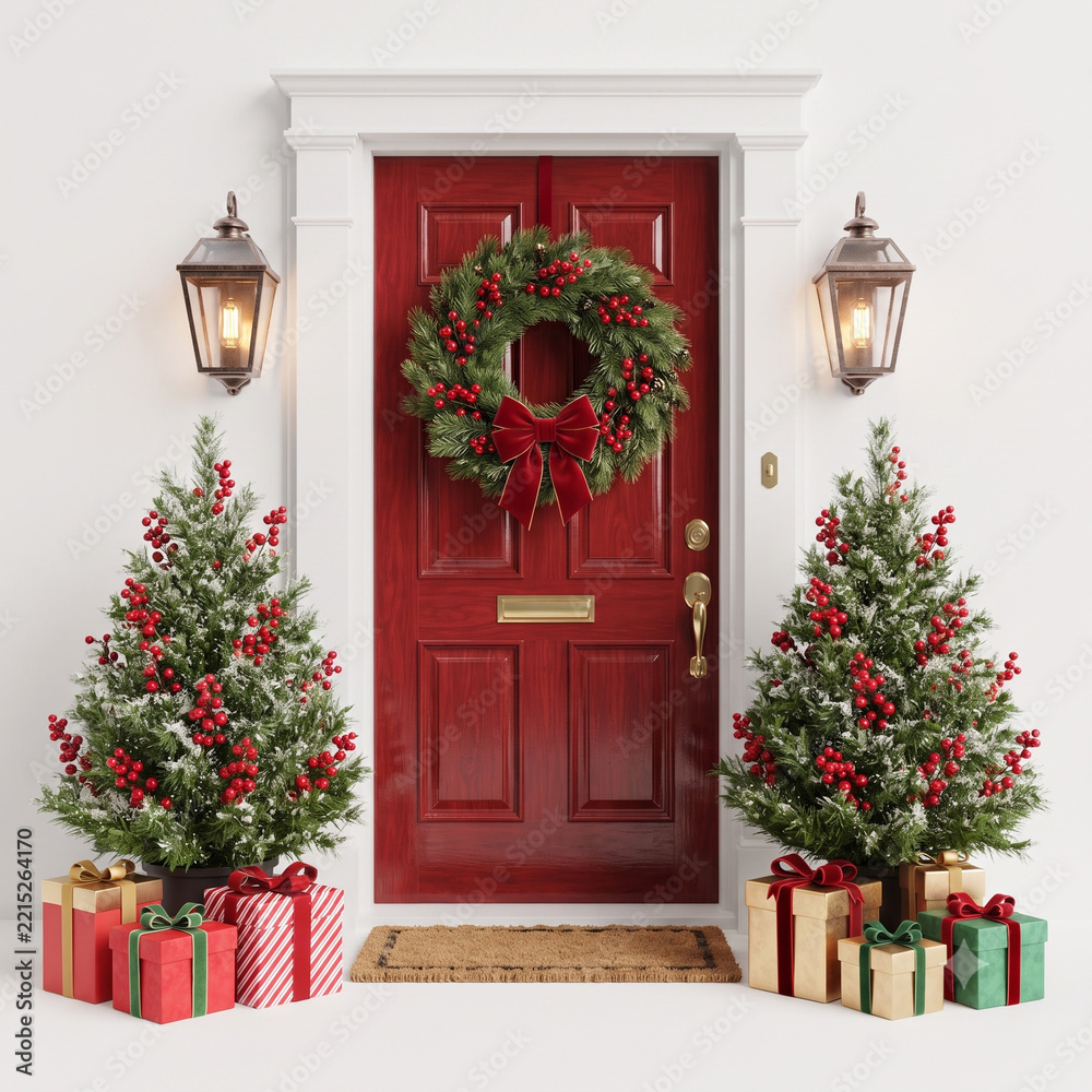 Fototapeta premium Cozy Christmas front door with red door, festive wreath, two decorated Christmas trees, and wrapped gifts on white wall