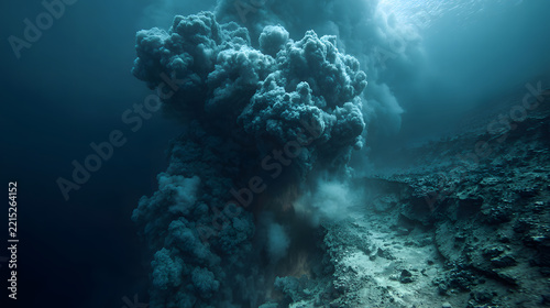 Hydrothermal vent releasing mineral rich plume beneath dark ocean water