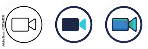 Set of three video camera icons in different styles, including outline, flat, and detailed colorful designs, representing recording, media, and digital content creation