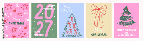 Five illustrated Christmas and New Year greeting cards with festive lettering and holiday motifs. Seasonal greetings and year-end wishes. Winter celebration, card design and gift messaging.