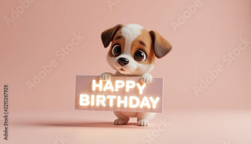 Adorable 3D cartoon puppy dog character holding glowing Happy Birthday sign on soft pink background, greeting card concept