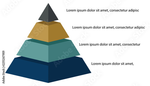 Geometric pyramid infographic template with layered segments and text placeholders for business concepts on a white background
