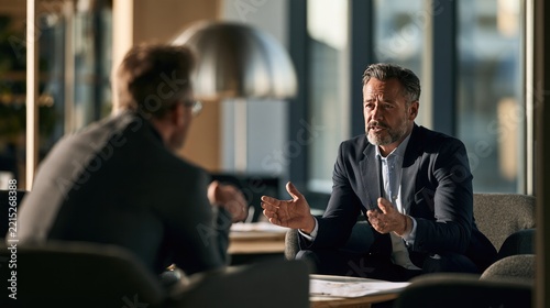 Business Consultation: Two businessmen engage in a serious discussion, with one gesturing emphatically to convey a point, suggesting a strategic meeting or consultation.