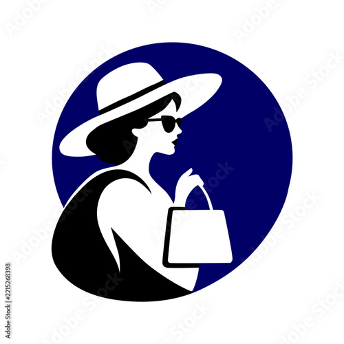 Woman in Hat and Sunglasses Shopping Logo