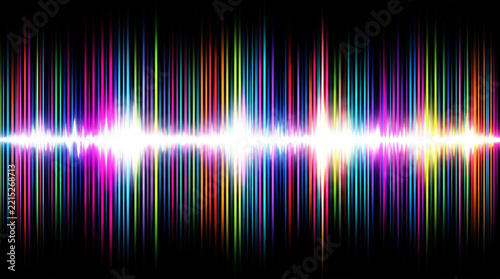 Colorful sound wave visualization with light pulse cutting through vertical bars on black.