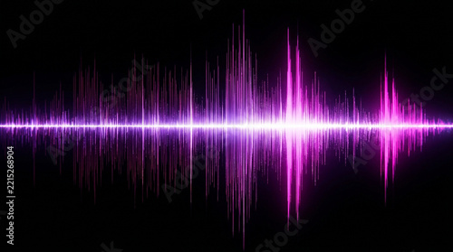 Magenta sound wave visualization with glowing light pulse on dark black background design.