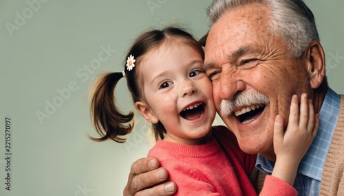 Cheerful grandfather and granddaughter hugging and laughing together