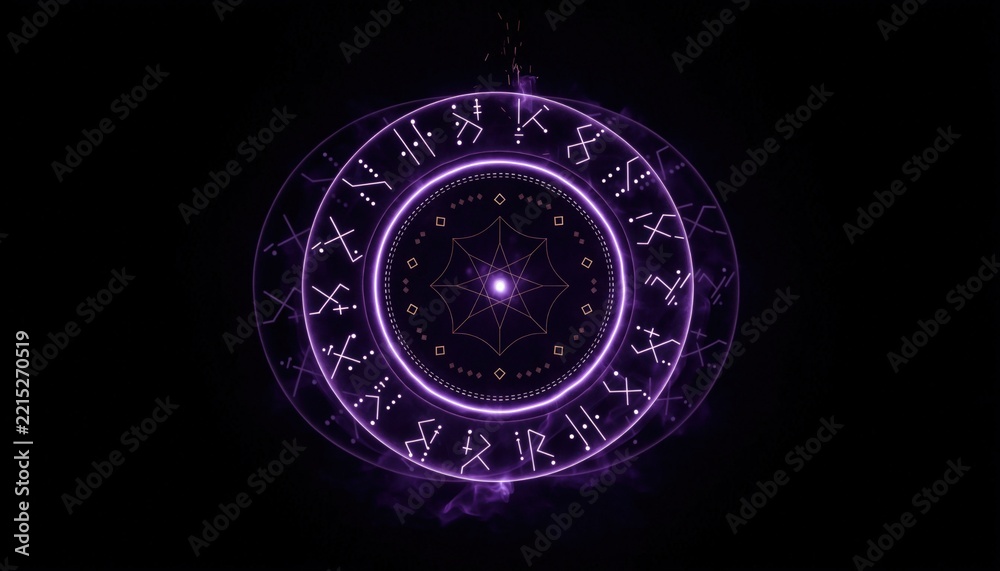 Fototapeta premium Glowing purple magic circle with mystical runes on dark background