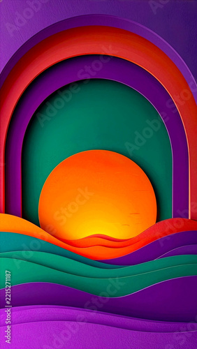 Vertical paper cut layered landscape background with arched frame, glowing sunset, and colorful wavy hills