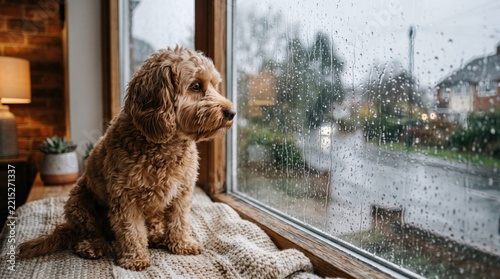 Cute Dog Watching Rain Through Window Thoughtful