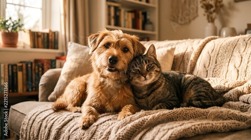 Happy Dog and Cat Best Friends Relaxing Together on a Sofa