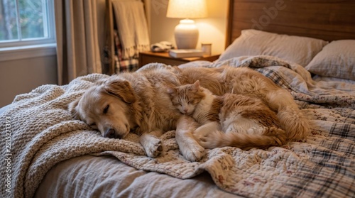 Golden Retriever Dog and Cat Napping Together on Cozy Bed