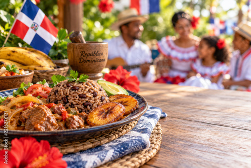 Dominican food, flags and family celebrating Independence Day with music and culture in a holiday setting.