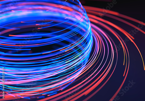 Abstract neon light trails forming dynamic circular waves in vivid blue, pink, and red motion on a dark background for digital energy concepts. 3D Rendering