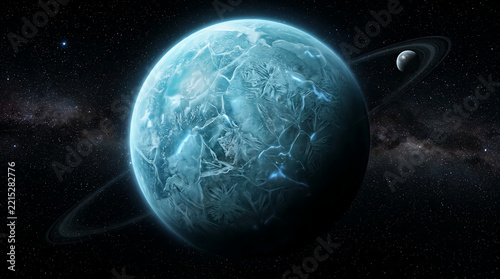 Futuristic cityscape covers an alien planet with a glowing atmosphere and distant moon