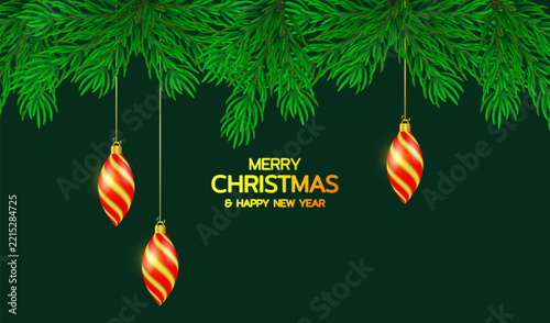 Festive background with Christmas tree garland and Christmas ornaments