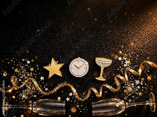 A festive new year celebration flat lay with a golden star, a clock, a cocktail glass, and two champagne flutes on a black glittery surface with gold confetti