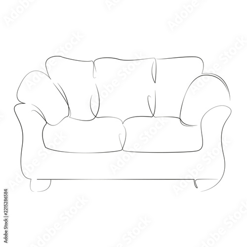 One continuous single drawing line art flat doodle furniture, sofa, contemporary, couch, design, interior, room, home, modern, decor. Isolated image hand draw contour on a white background, hand drawn