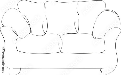 One continuous single drawing line art flat doodle furniture, sofa, contemporary, couch, design, interior, room, home, modern, decor. Isolated image hand draw contour on a white background, hand drawn