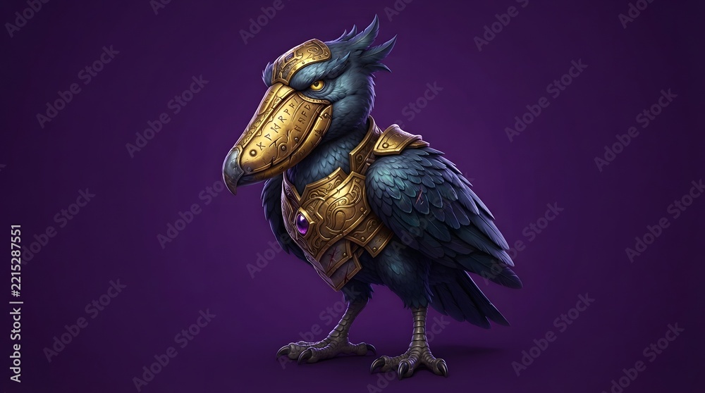 Fototapeta premium Fantasy raven character in golden armor on purple background