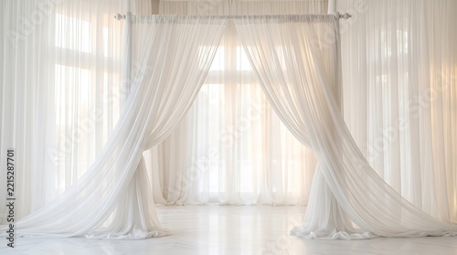 Elegant white fabric canopy backdrop with soft sunlight and sheer curtains