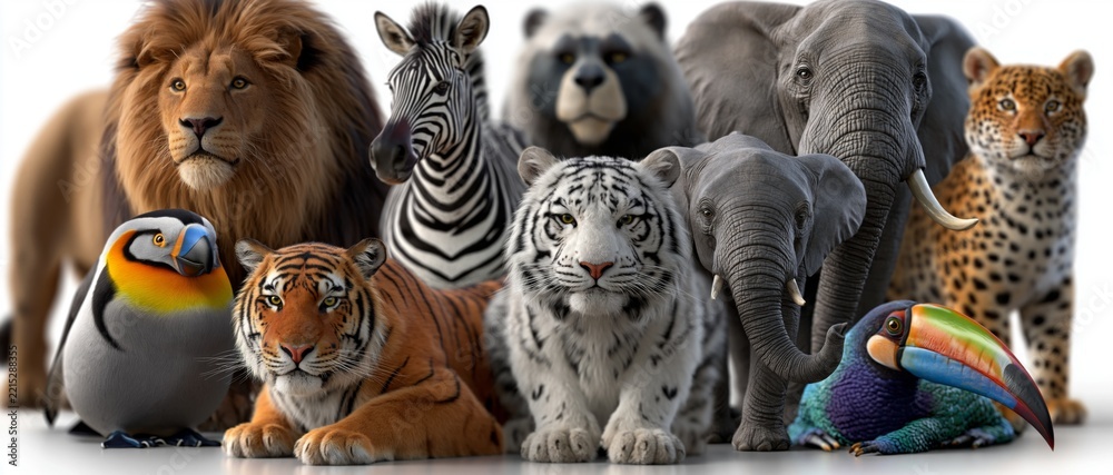 Fototapeta premium A group of various wild animals including a lion, tiger, zebra, elephants, and birds posing together against a white background.