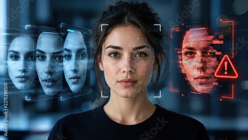 AI deepfake detection scan analyzes a woman's face with facial recognition markers and blue and red digital identity screens.