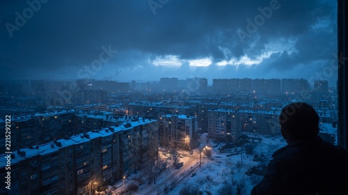 Winter cityscape at dusk with distant buildings and snow