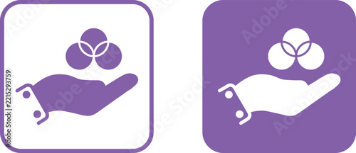 Set of two icons showing a hand holding a venn diagram, representing collaboration, data analysis, and teamwork concepts