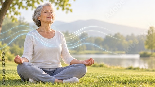 Senior woman meditating cross-legged outdoors beside a lake with flowing light waves symbolizing calm breathing and anxiety relief.