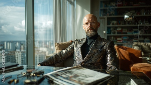 Elegant man sitting in modern office with city view
