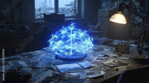 glowing blue network model on a cluttered table