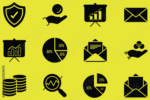 Set of business and finance icons including charts, graphs, envelopes, and coins on a yellow background