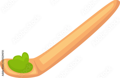 Wooden spoon with green puree baby food isolated on white background.